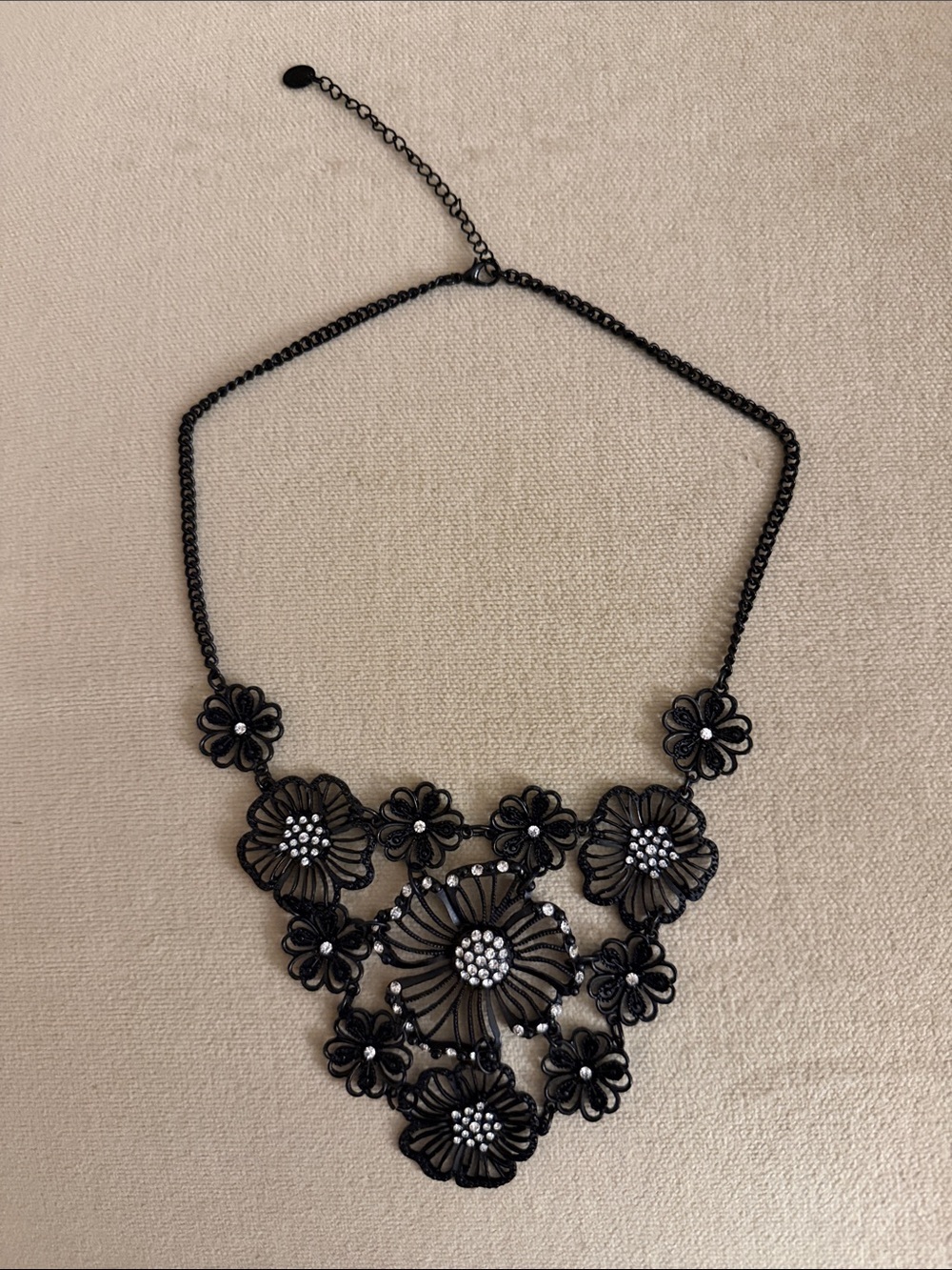 Black Floral Statement Necklace with Crystal Accents